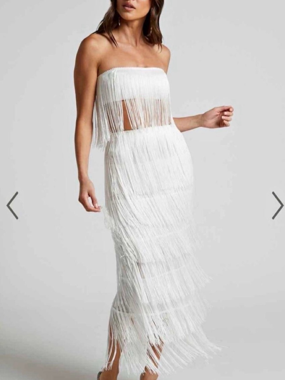 White Fringe Strapless Top & Maxi Skirt Set